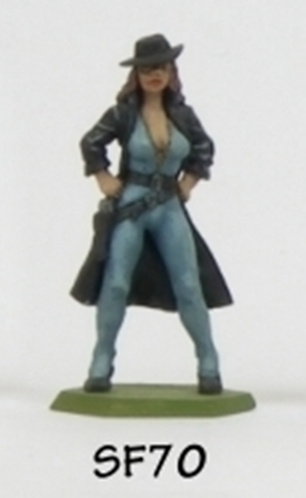 Denizen Miniatures 25mm Female Adventurer Standing in Long Overcoat and Peaked Hat with Side Arm